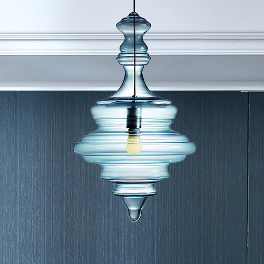 Modern Spool/Bell Pendant Light With Clear/Blue Ruffle Glass: Stylish Ceiling Lighting For Bedrooms