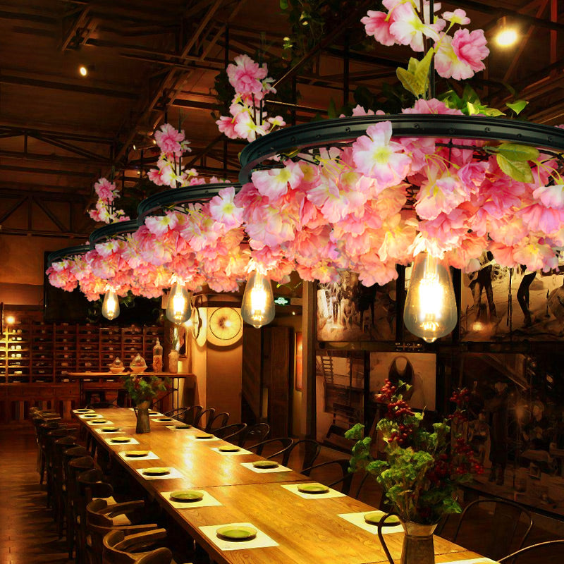 Industrial Metal Pendant Light Fixture - Wheel Restaurant Suspension with Black Finish and Artificial Plant Accent