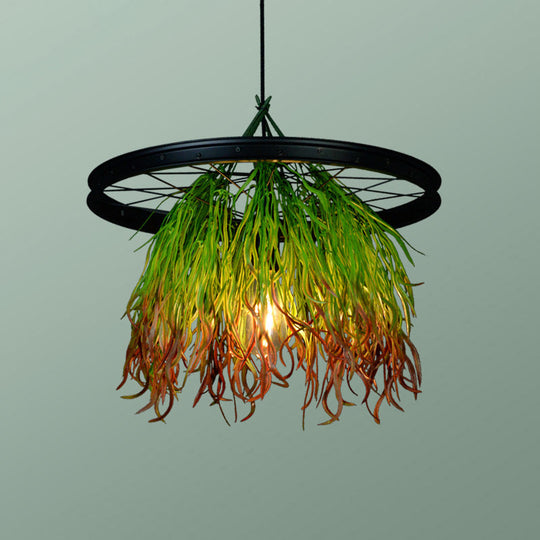 Industrial Metal 1-Head Black Pendant Light Fixture With Wheel Restaurant Suspension And Artificial