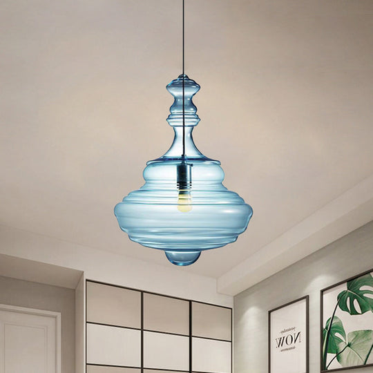 Modern Spool/Bell Pendant Light With Clear/Blue Ruffle Glass: Stylish Ceiling Lighting For Bedrooms