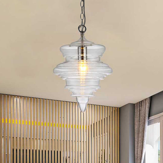 Modern Spool/Bell Pendant Light With Clear/Blue Ruffle Glass: Stylish Ceiling Lighting For Bedrooms