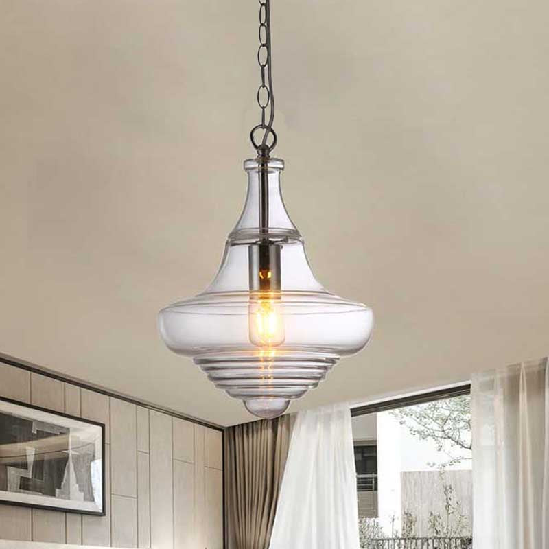 Modern Spool/Bell Pendant Light With Clear/Blue Ruffle Glass: Stylish Ceiling Lighting For Bedrooms