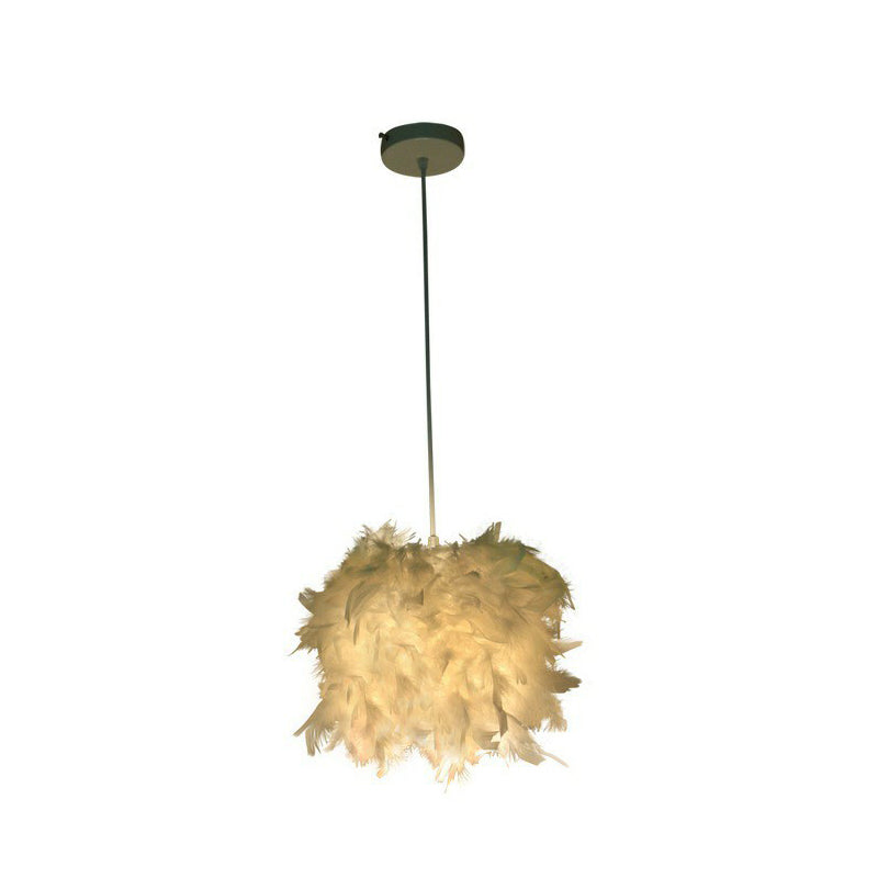 Cylindrical Feather Drop Pendant Minimalist Hanging Light – 1-Light White Design for Dining Room