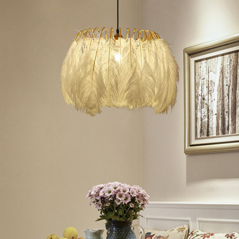 Minimalist Feather Pendant Light For Bedroom - Nordic Style Circle Suspension With Single Bulb