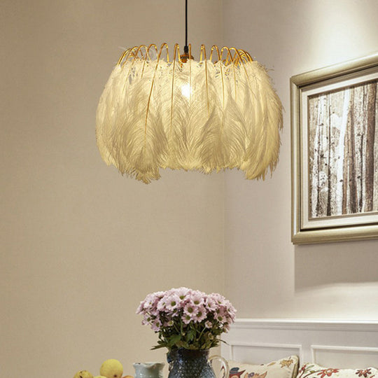 Minimalist Feather Pendant Light For Bedroom - Nordic Style Circle Suspension With Single Bulb