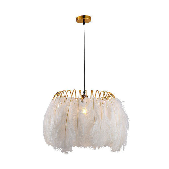 Minimalist Feather Pendant Light For Bedroom - Nordic Style Circle Suspension With Single Bulb