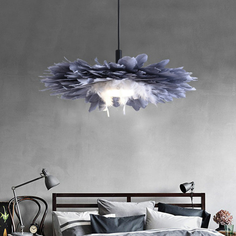 Artistic 1-Head Black and Blue Floral Feather Hanging Light Fixture for Bedroom