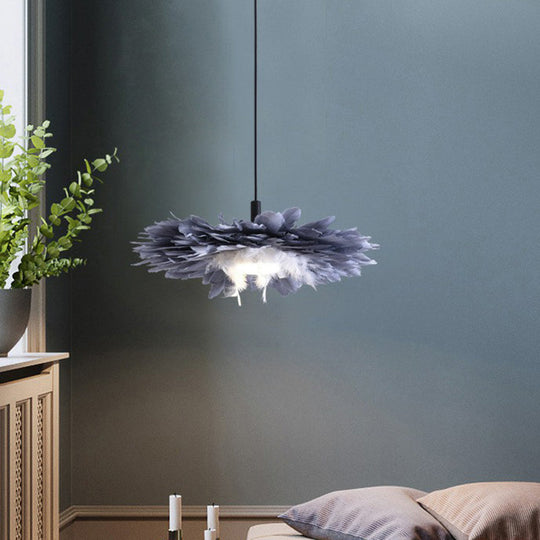 Artistic 1-Head Black and Blue Floral Feather Hanging Light Fixture for Bedroom