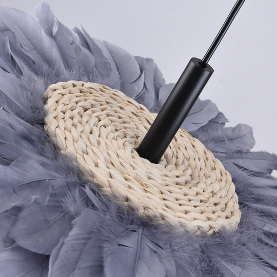 Artistic 1-Head Black and Blue Floral Feather Hanging Light Fixture for Bedroom