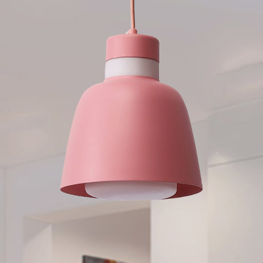 Modernistic Bell Ceiling Pendant Light: Black/Pink/Yellow Metal Hanging Lamp Kit With 1 Light Pink
