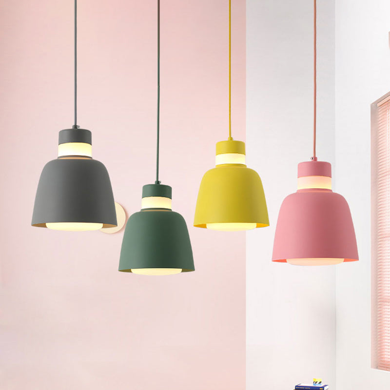 Modernistic Bell Ceiling Pendant Light: Black/Pink/Yellow Metal Hanging Lamp Kit With 1 Light