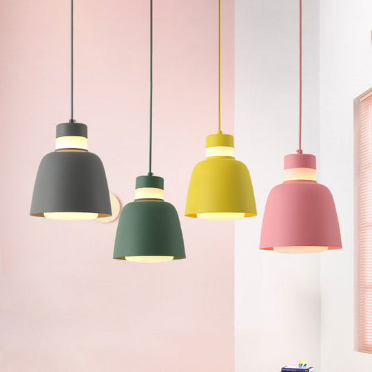 Modernistic Bell Ceiling Pendant Light: Black/Pink/Yellow Metal Hanging Lamp Kit With 1 Light