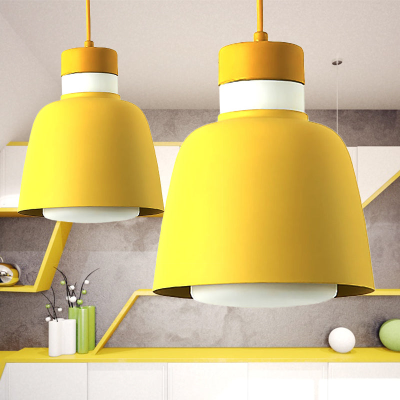 Modernistic Bell Ceiling Pendant Light: Black/Pink/Yellow Metal Hanging Lamp Kit With 1 Light Yellow