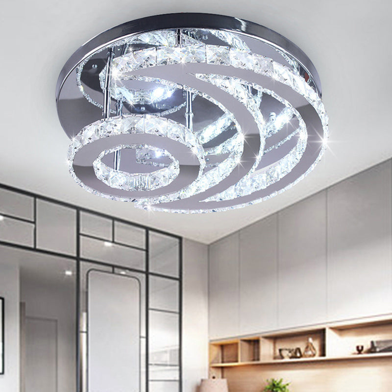 Modern Beveled Crystal Crescent & Sun Ceiling Light - Silver Semi Flush Mount for Bedrooms