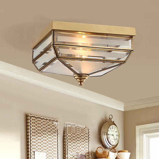 Brass Flush Mount Ceiling Light Fixture for Dining Room - Tradition Rectangle Design, Frosted Opal Glass, 2 Bulbs
