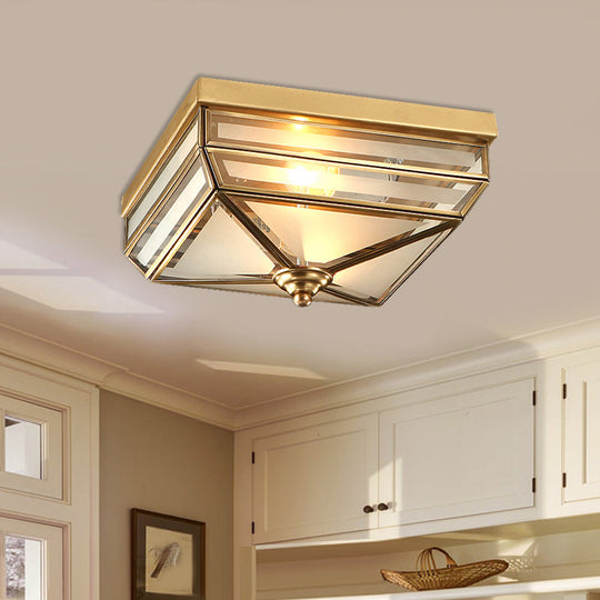 Brass Flush Mount Ceiling Light Fixture for Dining Room - Tradition Rectangle Design, Frosted Opal Glass, 2 Bulbs