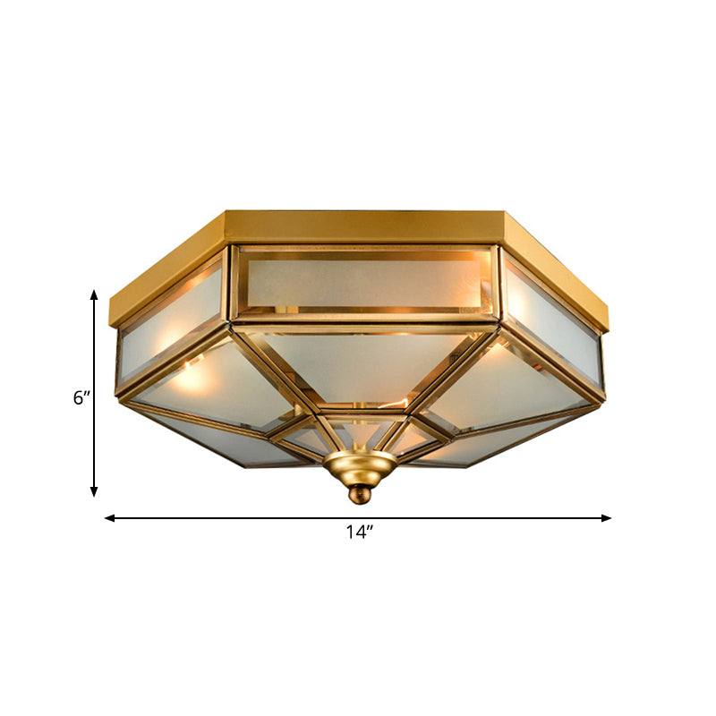 Traditional Frosted Glass Hexagon Flush Mount Chandelier - Brass Ceiling Fixture (14/18 Wide) 3/4