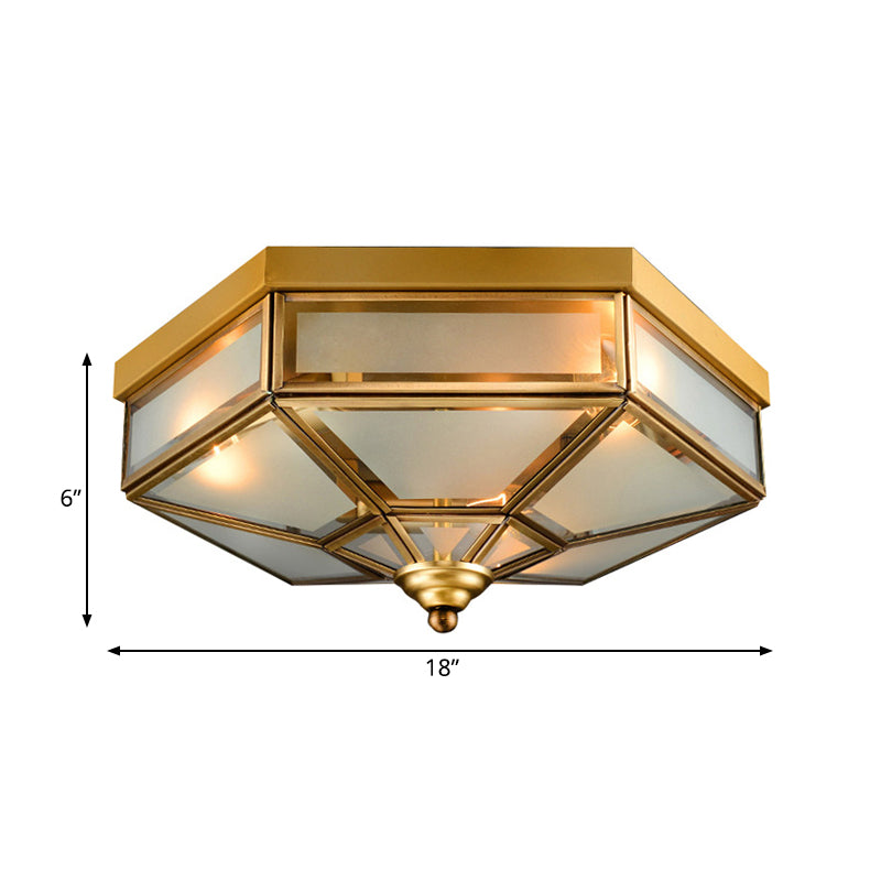 Traditional Frosted Glass Hexagon Flush Mount Chandelier - Brass Ceiling Fixture (14/18 Wide) 3/4