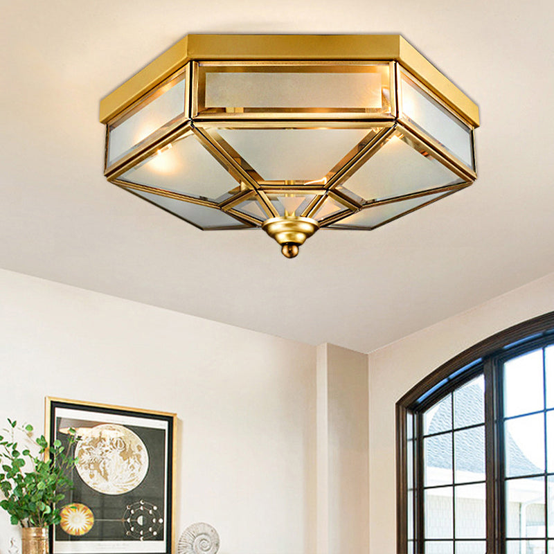 Traditional Frosted Glass Hexagon Flush Mount Chandelier - Brass Ceiling Fixture (14"/18" Wide) - 3/4 Bulbs