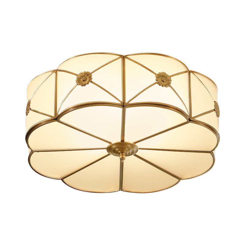 Traditional 1-Tiered White Glass & Gold Flush Mount Chandelier - 3/4/6 Bulbs (14"/18"/23.5" Width)