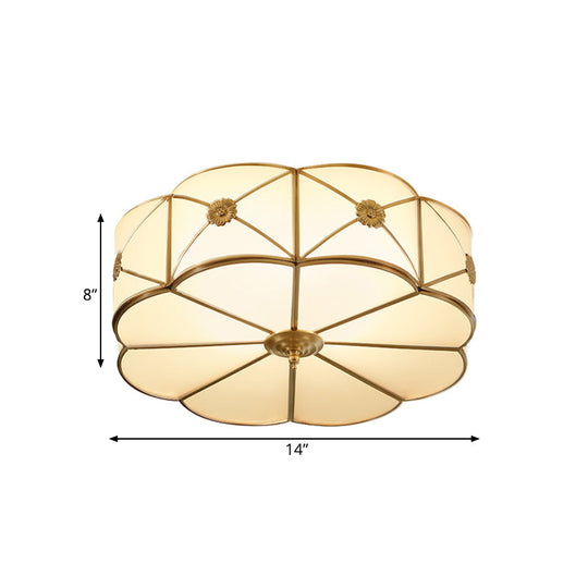 Traditional 1-Tiered White Glass & Gold Flush Mount Chandelier - 3/4/6 Bulbs (14"/18"/23.5" Width)