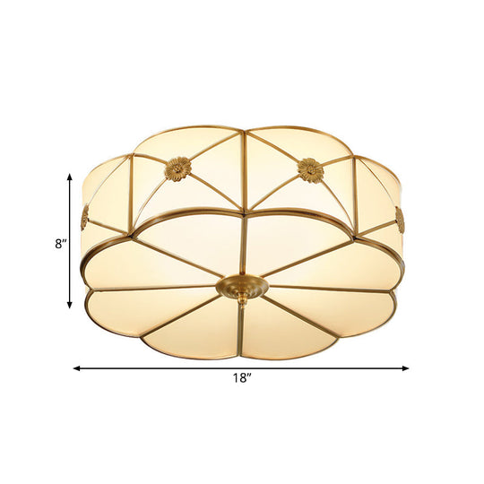 Traditional 1-Tiered White Glass & Gold Flush Mount Chandelier - 3/4/6 Bulbs (14"/18"/23.5" Width)