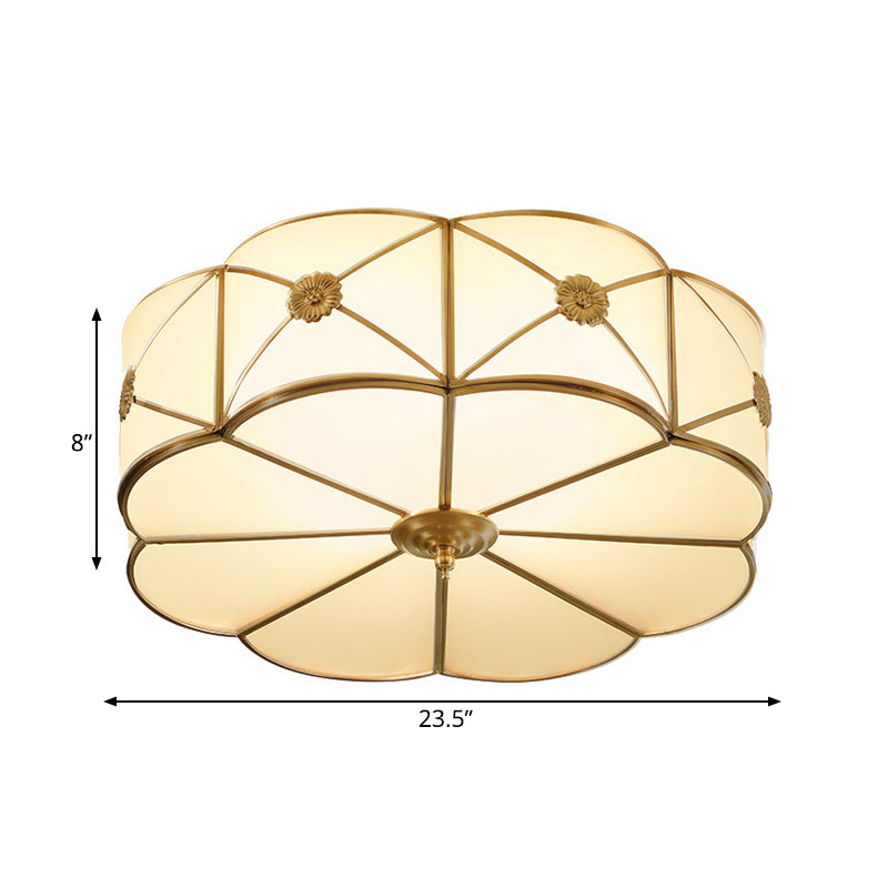 Traditional 1-Tiered White Glass & Gold Flush Mount Chandelier - 3/4/6 Bulbs (14"/18"/23.5" Width)