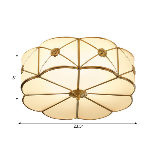 Traditional 1-Tiered White Glass & Gold Flush Mount Chandelier - 3/4/6 Bulbs (14"/18"/23.5" Width)