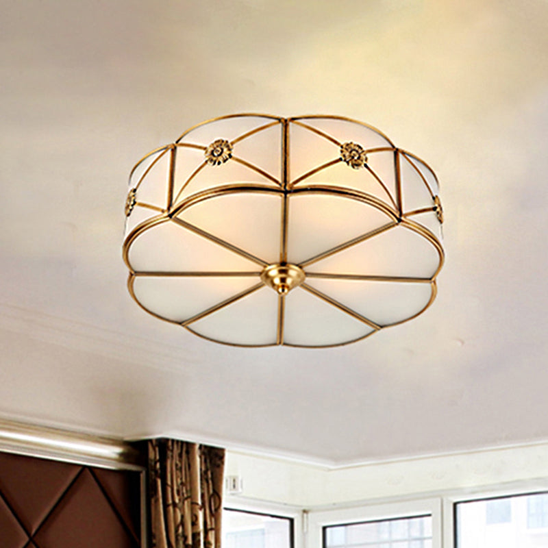 Traditional 1-Tiered White Glass & Gold Flush Mount Chandelier - 3/4/6 Bulbs (14"/18"/23.5" Width)