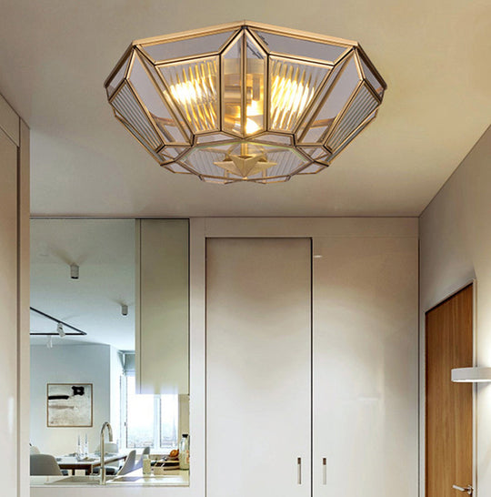 Traditional Brass Tapered Flush Mount Ceiling Light Fixture with 4 Bulbs and Ribbed Glass for Dining Room