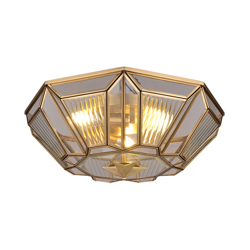 Traditional Brass Tapered Flush Mount Ceiling Light Fixture with 4 Bulbs and Ribbed Glass for Dining Room