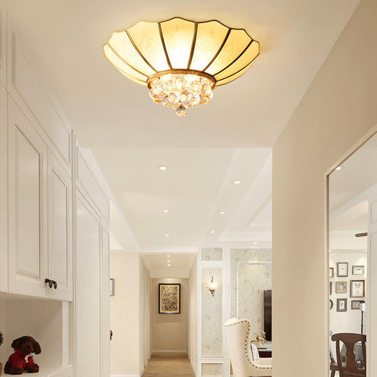 Traditional Frosted Glass Dome Flush Mount Chandelier with Crystal Drop - Brass Ceiling Fixture, 21"/25.5" Wide, 4/6 Bulb