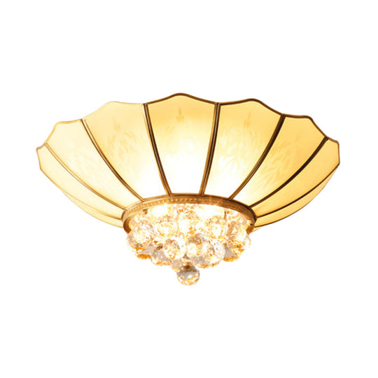 Traditional Frosted Glass Dome Flush Mount Chandelier With Crystal Drop - Brass Ceiling Fixture