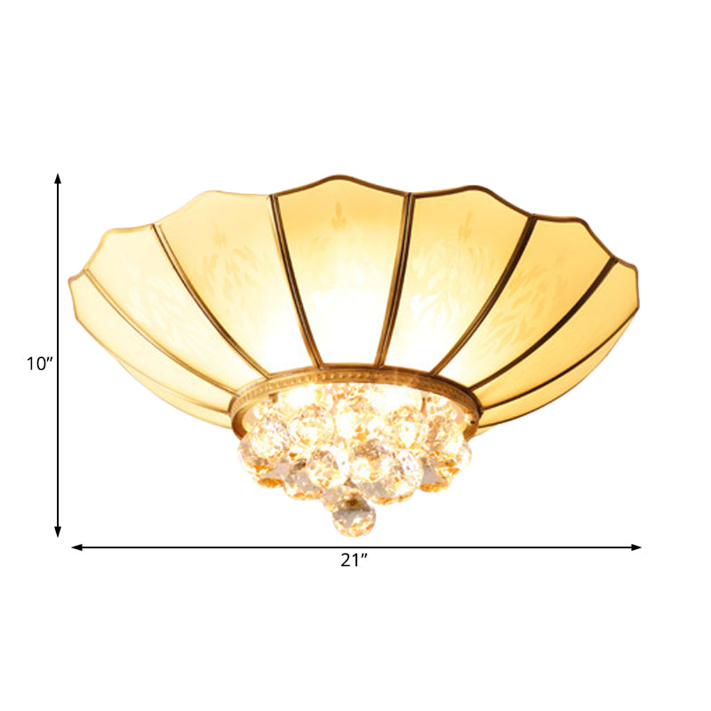 Traditional Frosted Glass Dome Flush Mount Chandelier With Crystal Drop - Brass Ceiling Fixture