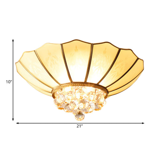 Traditional Frosted Glass Dome Flush Mount Chandelier With Crystal Drop - Brass Ceiling Fixture