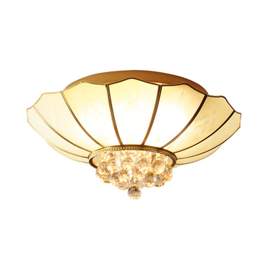 Traditional Frosted Glass Dome Flush Mount Chandelier With Crystal Drop - Brass Ceiling Fixture