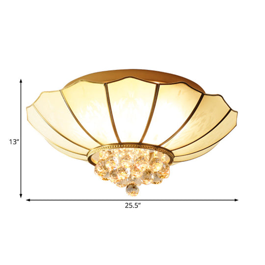 Traditional Frosted Glass Dome Flush Mount Chandelier with Crystal Drop - Brass Ceiling Fixture, 21"/25.5" Wide, 4/6 Bulb