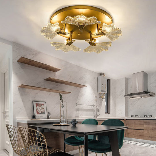 Clear Glass Brass Flush Mount Ceiling Light Fixture for Dining Room with 5 Bulbs