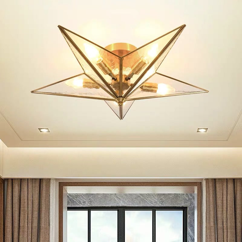 Brass Textured Glass Star Flush Mount Chandelier - Traditional Ceiling Fixture For Living Room (5