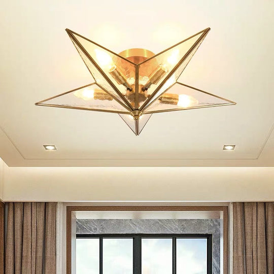 Brass Textured Glass Star Flush Mount Chandelier - Traditional Ceiling Fixture For Living Room (5
