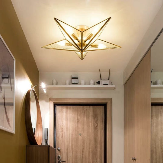 Brass Textured Glass Star Flush Mount Chandelier - Traditional Ceiling Fixture for Living Room (5 Bulbs)