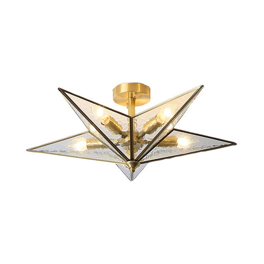 Brass Textured Glass Star Flush Mount Chandelier - Traditional Ceiling Fixture For Living Room (5