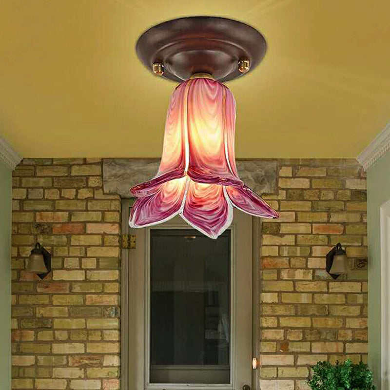 Traditional Glass Flush Ceiling Light Fixture - Flower Shaped, White/Yellow/Purple - 1 Light for Living Room