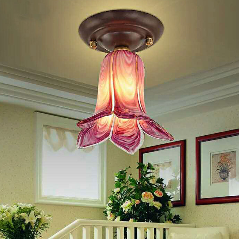 Traditional Glass Flush Ceiling Light Fixture - Flower Shaped, White/Yellow/Purple - 1 Light for Living Room