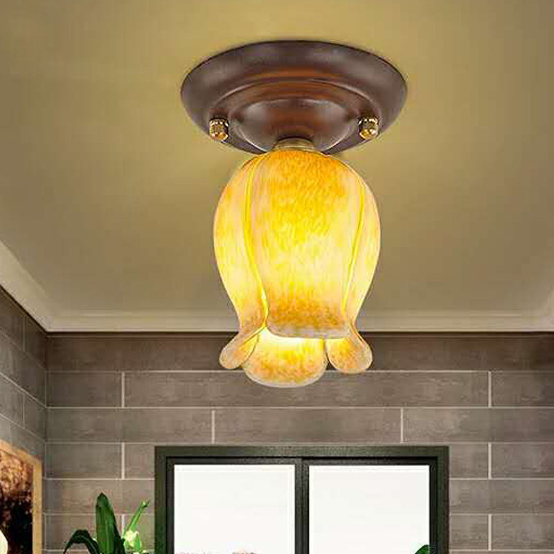 Traditional Glass Flush Ceiling Light Fixture - Flower Shaped, White/Yellow/Purple - 1 Light for Living Room