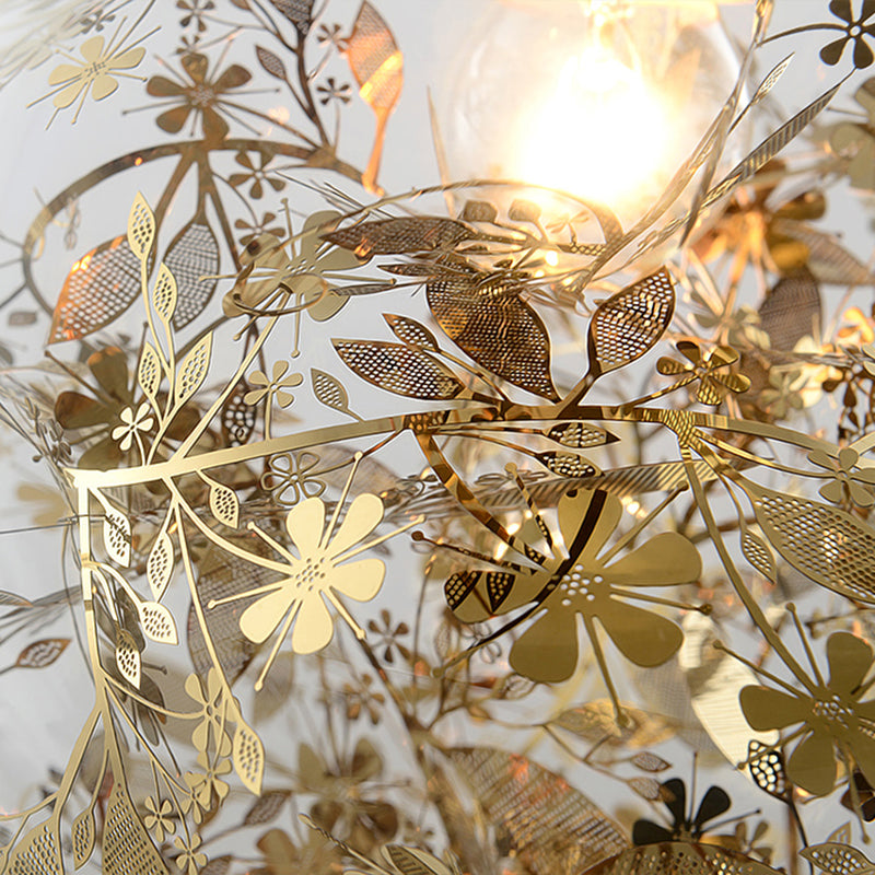 Modern Sphere Chandelier with Clear Glass and Gold Metal Floral Accents - 10 Lights for Stairways