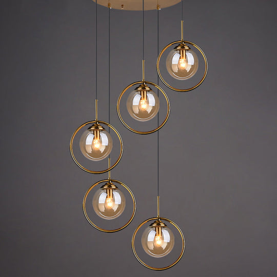 Luminaire suspendu post-moderne en forme de boule avec finition en laiton et abat-jour en verre - Suspension à 5 ampoules