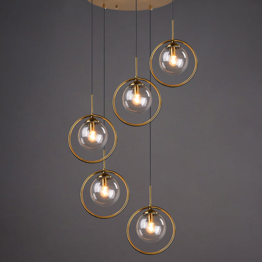 Luminaire suspendu post-moderne en forme de boule avec finition en laiton et abat-jour en verre - Suspension à 5 ampoules