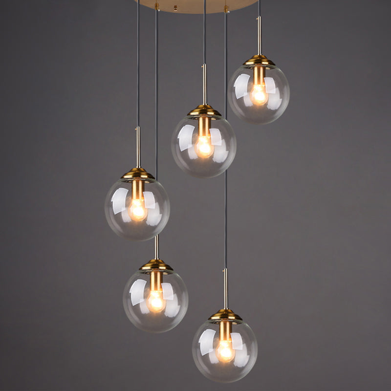 Brass Finish Cluster Ball Pendant - Post-Modern Glass Suspended Lighting Fixture With 5 Bulbs Clear