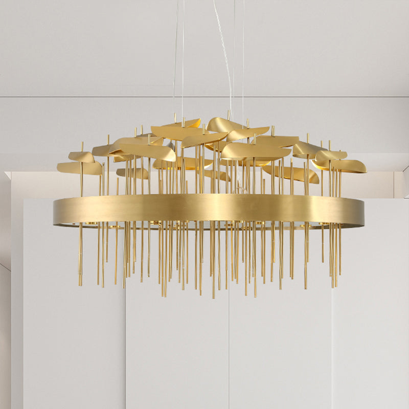 Modern Gold Leaf Suspension Light For Dining Room With Stainless Steel Chandelier